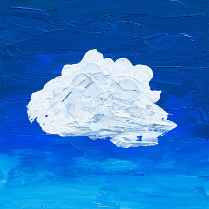 A lumpy textured white and grey blob shaped cloud floats in the centre of the canvas on a background of deep cobalt blue that has been applied with a palette knife.