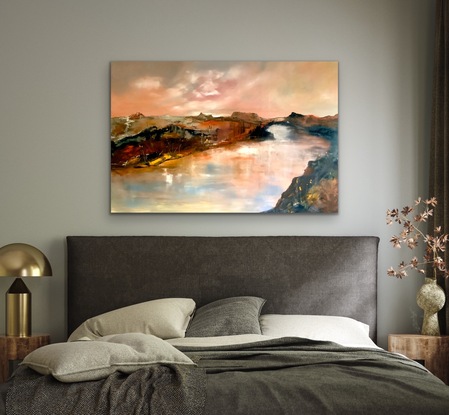 River reflecting stunning clouds set in an ochre landscape.
Professional oil paint on stretched canvas, varnished, ready to hang.  Sides finished to gallery standard.
