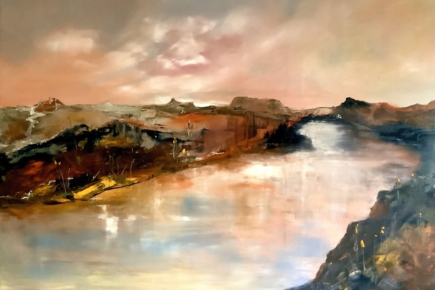 River reflecting stunning clouds set in an ochre landscape.
Professional oil paint on stretched canvas, varnished, ready to hang.  Sides finished to gallery standard.
