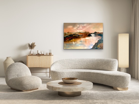 River reflecting stunning clouds set in an ochre landscape.
Professional oil paint on stretched canvas, varnished, ready to hang.  Sides finished to gallery standard.
