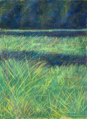 soft pastel afternoon image of a field of grass with trees in background 