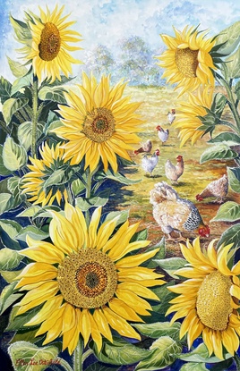 Bright yellow sunflowers envelope this farmyard scene with their striking shades of light yellow and deep yellow, green leaves and tall stems. In the very centre of the painting there are chickens feeding on the ground and in the distance a line of trees can be seen fading into the background. The sky is blue with some soft clouds. There are 3 different breeds of chickens, the colours are from yellow ochre and white with black and white neck feathers, some have yellow ochre body feathers with rusty coloured neck feathers, all of the chickens combs and wattles are red. There are strong shadows on the ground and on the sunflowers and the chickens.