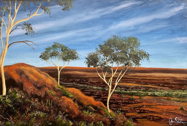 Outback hill with three gumtrees and rugged country scenery 