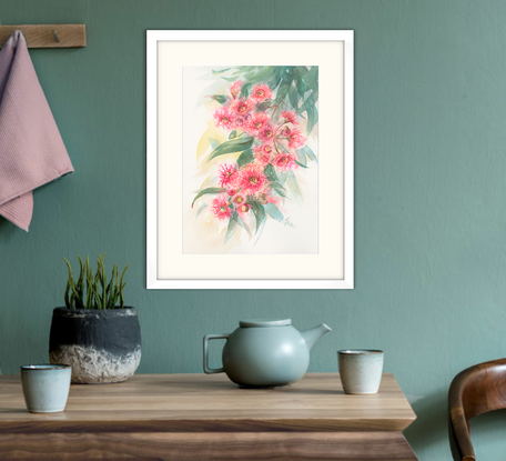 Watercolour painting of a pink red gum blossoms and leaves