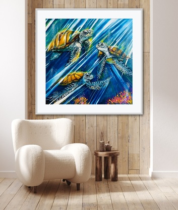 This contemporary abstract artwork of 3 turtles swimming through the reef, they look like they’re flying. Turtles have unbelievable colours and are enhanced by the ocean 