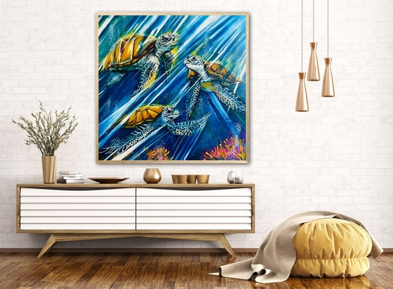 This contemporary abstract artwork of 3 turtles swimming through the reef, they look like they’re flying. Turtles have unbelievable colours and are enhanced by the ocean 