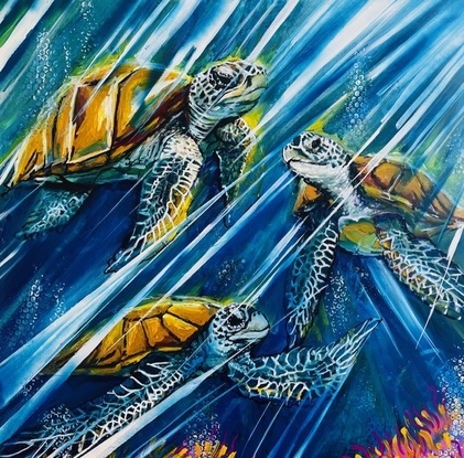 This contemporary abstract artwork of 3 turtles swimming through the reef, they look like they’re flying. Turtles have unbelievable colours and are enhanced by the ocean 