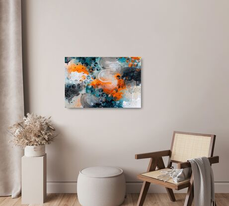 a painting done in white, gray, turquoise and neon orange with several intersecting repeating patterns and a brushstroke winding top to bottom