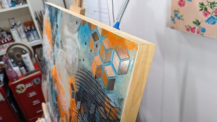 a painting done in white, gray, turquoise and neon orange with several intersecting repeating patterns and a brushstroke winding top to bottom