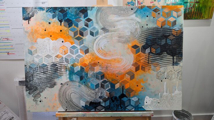 a painting done in white, gray, turquoise and neon orange with several intersecting repeating patterns and a brushstroke winding top to bottom