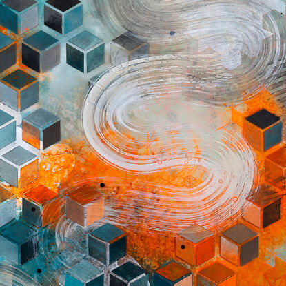 a painting done in white, gray, turquoise and neon orange with several intersecting repeating patterns and a brushstroke winding top to bottom