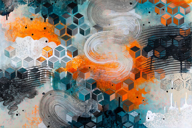 a painting done in white, gray, turquoise and neon orange with several intersecting repeating patterns and a brushstroke winding top to bottom