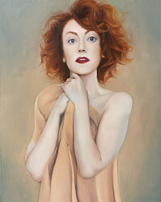 A woman with flaming red hair and very pale skin is nude but holds a sheet up to protect her modesty.