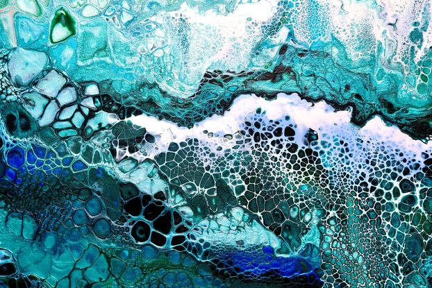 ABSTRACT painting that gives the impression of soothing ocean waves lapping in to soft sandy beach with slow easy waves creating crests of white..  The intricate mosaic pattern within the tonal blue hues and tones of teal and the glimmering metallics adds added interest and intrigue.
The closer you get to the painting the more of the interesting details and patterns you can see. Metallics add an extra depth because the painting changes personality when one views from different angles.
although it is an impressionistic abstract, it still has a sense of motion of waves moving and frothing white!