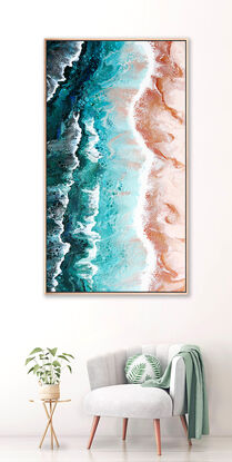 ABSTRACT painting that gives the impression of soothing ocean waves lapping in to soft sandy beach with slow easy waves creating crests of white..  The intricate mosaic pattern within the tonal blue hues and tones of teal and the glimmering metallics adds added interest and intrigue.
The closer you get to the painting the more of the interesting details and patterns you can see. Metallics add an extra depth because the painting changes personality when one views from different angles.
although it is an impressionistic abstract, it still has a sense of motion of waves moving and frothing white!