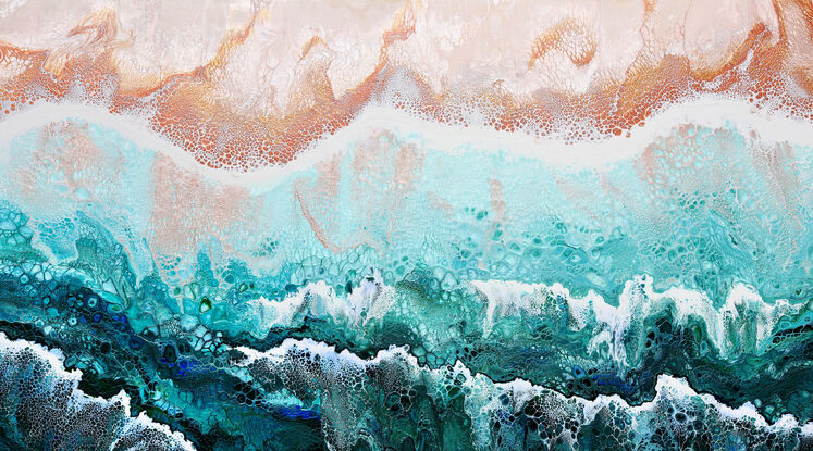 ABSTRACT painting that gives the impression of soothing ocean waves lapping in to soft sandy beach with slow easy waves creating crests of white..  The intricate mosaic pattern within the tonal blue hues and tones of teal and the glimmering metallics adds added interest and intrigue.
The closer you get to the painting the more of the interesting details and patterns you can see. Metallics add an extra depth because the painting changes personality when one views from different angles.
although it is an impressionistic abstract, it still has a sense of motion of waves moving and frothing white!