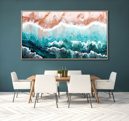 ABSTRACT painting that gives the impression of soothing ocean waves lapping in to soft sandy beach with slow easy waves creating crests of white..  The intricate mosaic pattern within the tonal blue hues and tones of teal and the glimmering metallics adds added interest and intrigue.
The closer you get to the painting the more of the interesting details and patterns you can see. Metallics add an extra depth because the painting changes personality when one views from different angles.
although it is an impressionistic abstract, it still has a sense of motion of waves moving and frothing white!