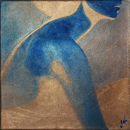 A reverse image in blue of a woman in profile painted on foil.