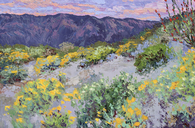 A textured oil painting of a barefoot ocotillo with purple desert mountains in the distance and wild daisies and sage in the foreground.  