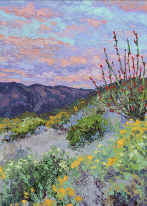 A textured oil painting of a barefoot ocotillo with purple desert mountains in the distance and wild daisies and sage in the foreground.  