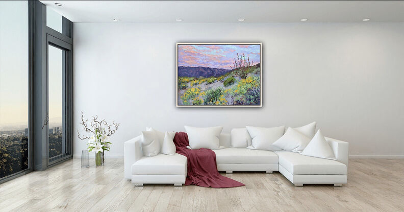 A textured oil painting of a barefoot ocotillo with purple desert mountains in the distance and wild daisies and sage in the foreground.  