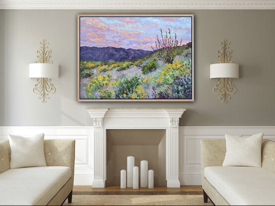 A textured oil painting of a barefoot ocotillo with purple desert mountains in the distance and wild daisies and sage in the foreground.  