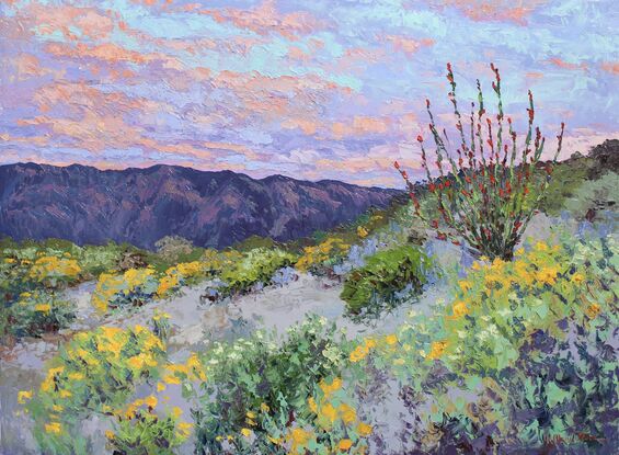 A textured oil painting of a barefoot ocotillo with purple desert mountains in the distance and wild daisies and sage in the foreground.  