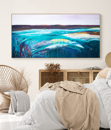 Colourful abstract seascape  with rocky mountain outcrop, blue sky, rolling countryside and crisp blue water with texture and mark making.
