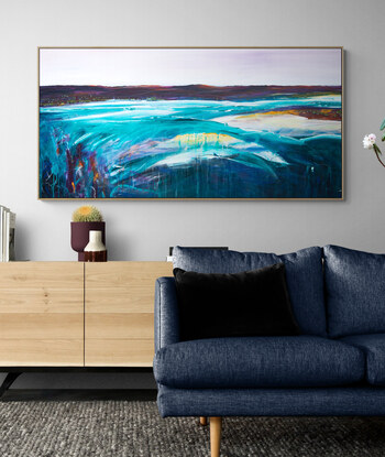 Colourful abstract seascape  with rocky mountain outcrop, blue sky, rolling countryside and crisp blue water with texture and mark making.
