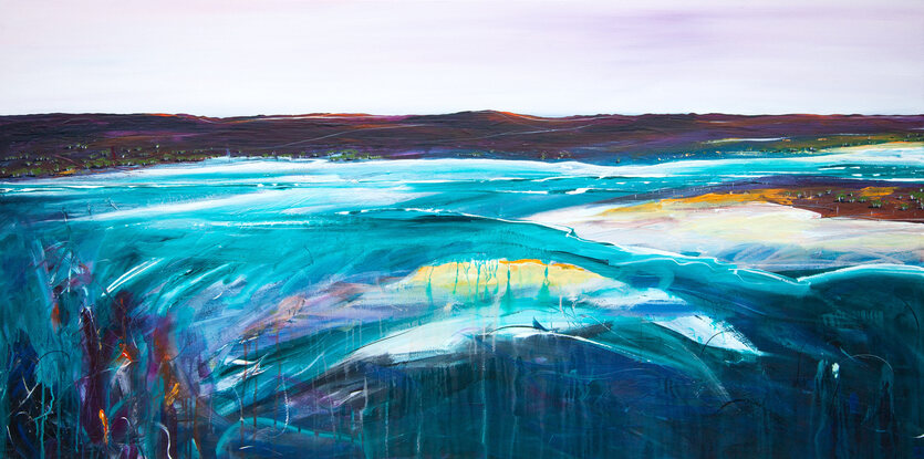 Colourful abstract seascape  with rocky mountain outcrop, blue sky, rolling countryside and crisp blue water with texture and mark making.
