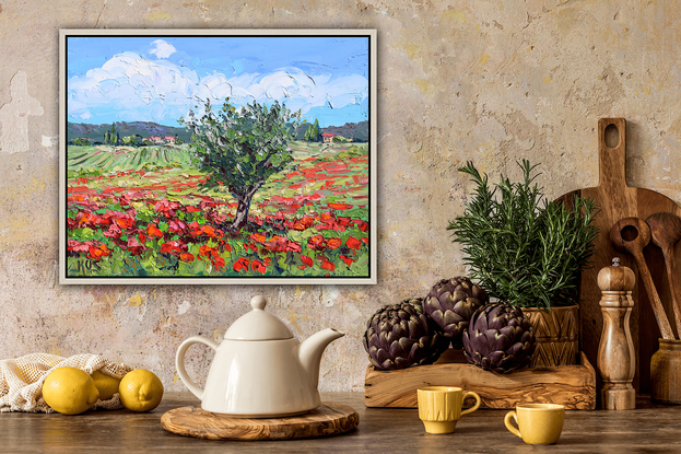 A textured oil painting depicting a field of red poppies and an olive tree in Tuscany.