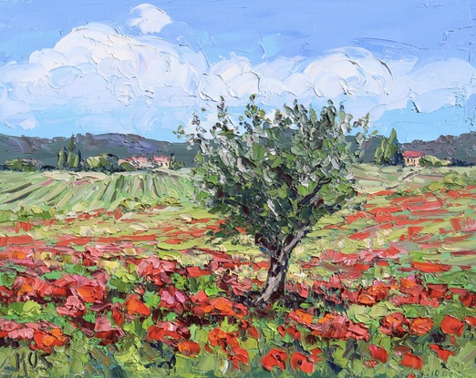 A textured oil painting depicting a field of red poppies and an olive tree in Tuscany.