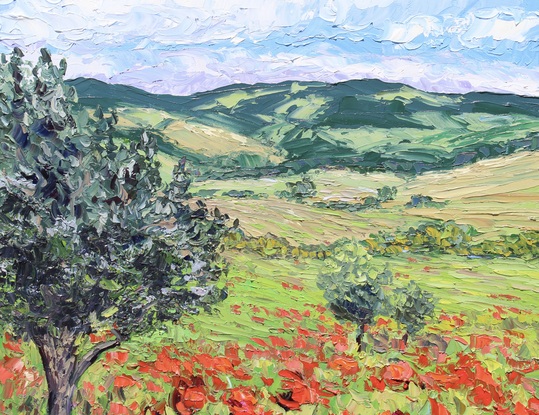 A textured oil painting depicting a field of red poppies and an olive tree in Tuscany.