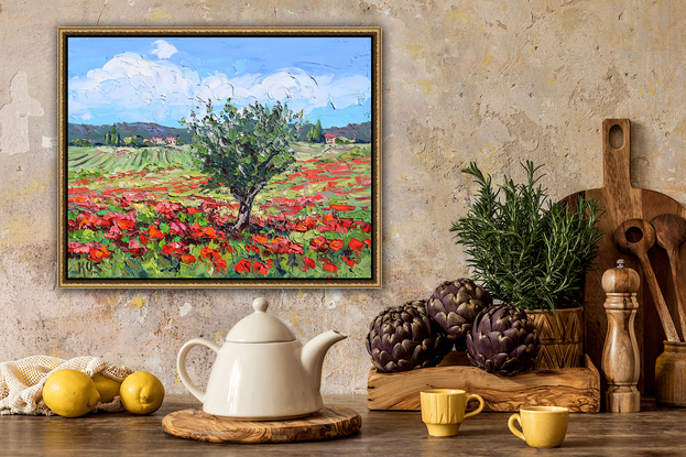 A textured oil painting depicting a field of red poppies and an olive tree in Tuscany.