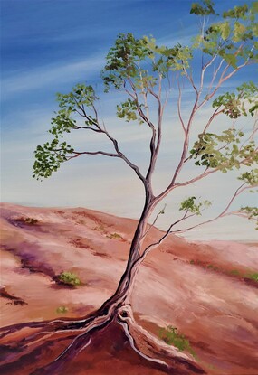 Oil painting,  landscape, tree, Australian outback, gum tree, oranges and purples