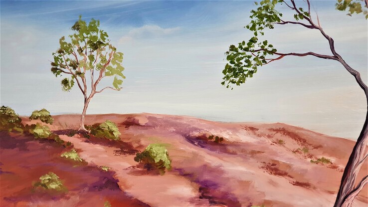 Oil painting,  landscape, tree, Australian outback, gum tree, oranges and purples