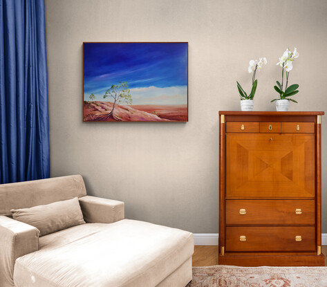 Oil painting,  landscape, tree, Australian outback, gum tree, oranges and purples