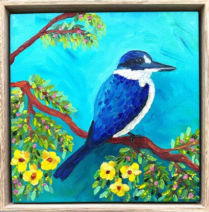 An oil painting of a blue Kingfisher bird amongst yellow Jacaranda flowers.