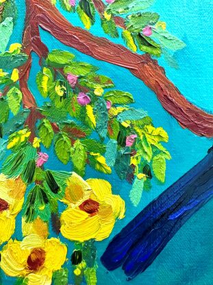 An oil painting of a blue Kingfisher bird amongst yellow Jacaranda flowers.