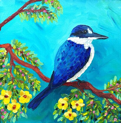 An oil painting of a blue Kingfisher bird amongst yellow Jacaranda flowers.