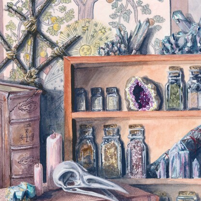 A still life of a spiritual witchcraft altar with herbs, spell jars, figurines, prints, candles and crystals. 