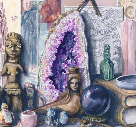 A still life of a spiritual witchcraft altar with herbs, spell jars, figurines, prints, candles and crystals. 