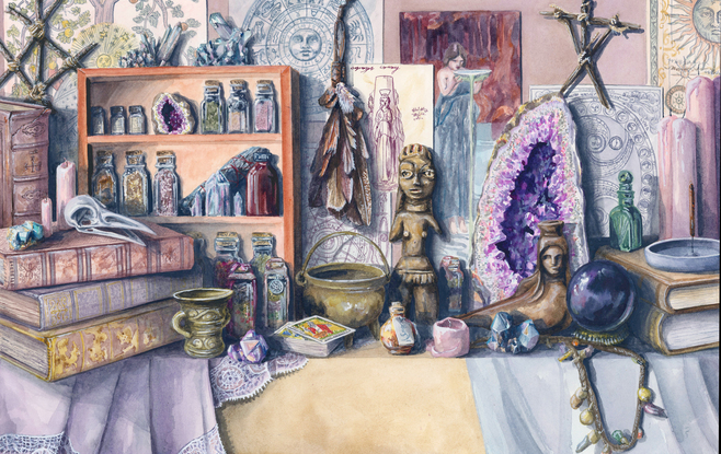 A still life of a spiritual witchcraft altar with herbs, spell jars, figurines, prints, candles and crystals. 