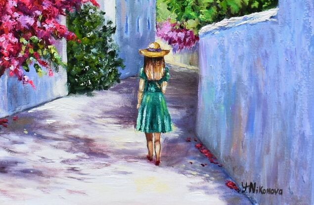 Landscape painting with a street in Greece, mountains, and blooming bougainvilleas.