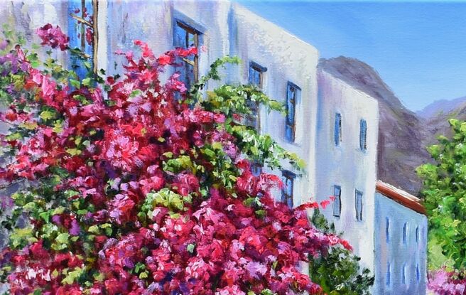 Landscape painting with a street in Greece, mountains, and blooming bougainvilleas.