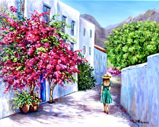 Landscape painting with a street in Greece, mountains, and blooming bougainvilleas.