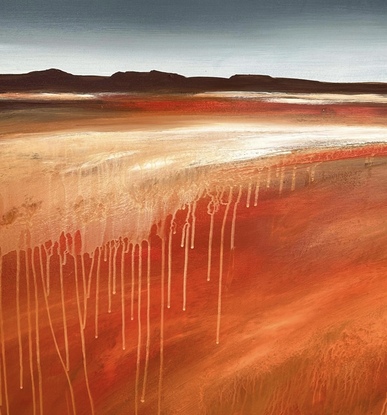 A square abstract landscape in shades of red,red gold and white dripping paint featuring a small mountainscape at the top under a blue and cloudy sky.