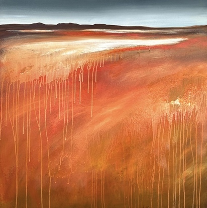 A square abstract landscape in shades of red,red gold and white dripping paint featuring a small mountainscape at the top under a blue and cloudy sky.