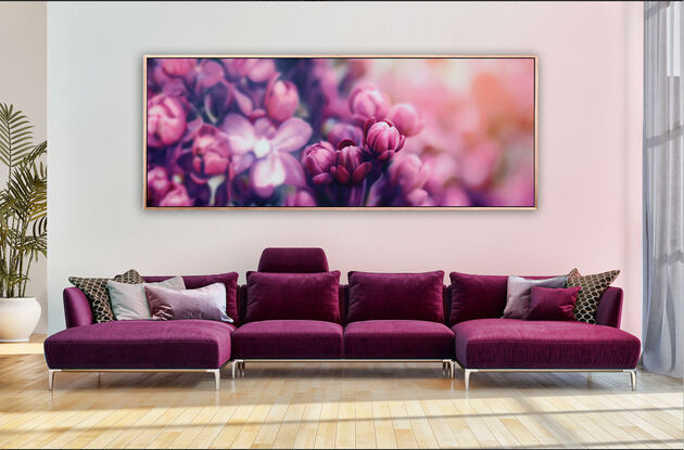 a very large bold painting of bright pink lillacs. Only a few buds are in focus with the rest of the floral bunch and background out of focus. deep pink, purple/lavendar shadows create a strong contrast. Has impact both horizontally and vertically.