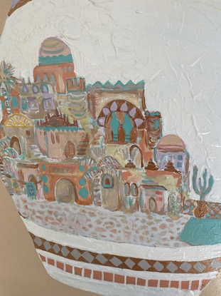 The colours and vibe of a bohemian  oasis are so  enchanting. The date palms, olive trees and cacti 🌵 amid the dreamy architecture and cobbled stone paths leading to dreamy oasis.  All this on the side of a heavily textured vessel. This is a thin stretched canvas unframed 